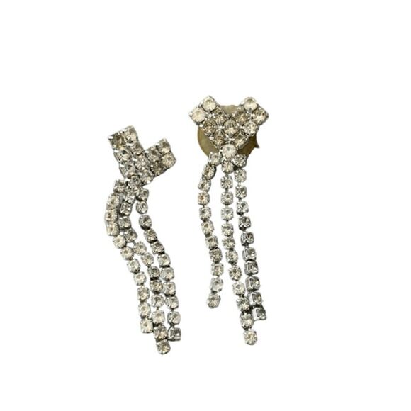 Vintage Pave Rhinestone Earrings Silver Tone Metal Dangle Drop 90s - Picture 1 of 2